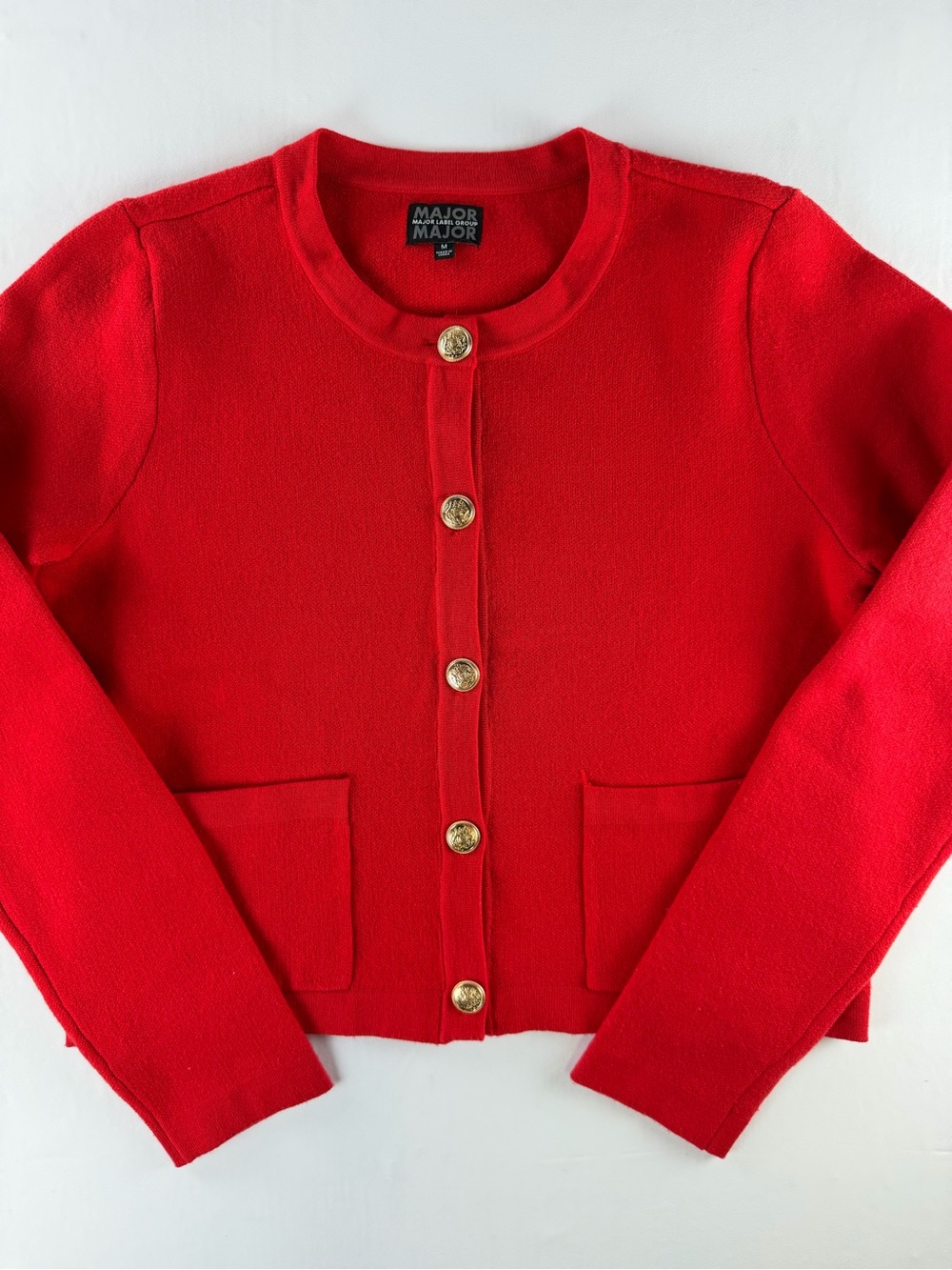 Gorgeous Red with Gold Button-Front Knit Cardigan Sweater - Holiday Magic Med.